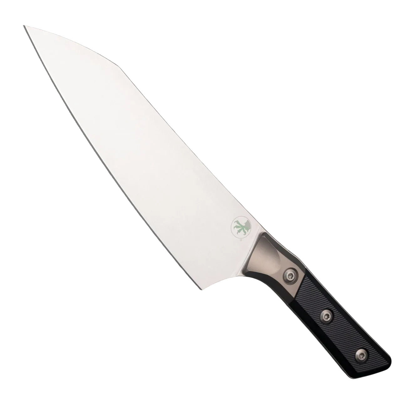Chef's knife with a black handle on a white background