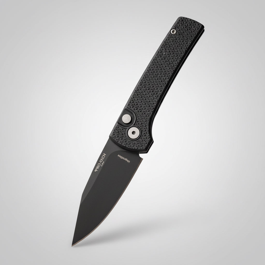 A black folding pocket knife with a textured handle and matte black blade, resting diagonally on the tread of a rugged off-road tire.