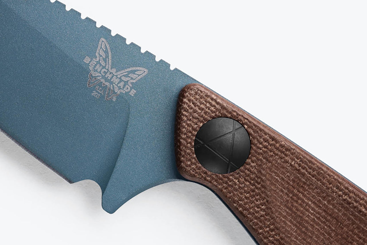 Benchmade Knives: 203BT-03 Dacian Brown Canvas Micarta CPM-MagnaCut Blue Cerakote Leather Sheath - NORTH RIVER OUTDOORS