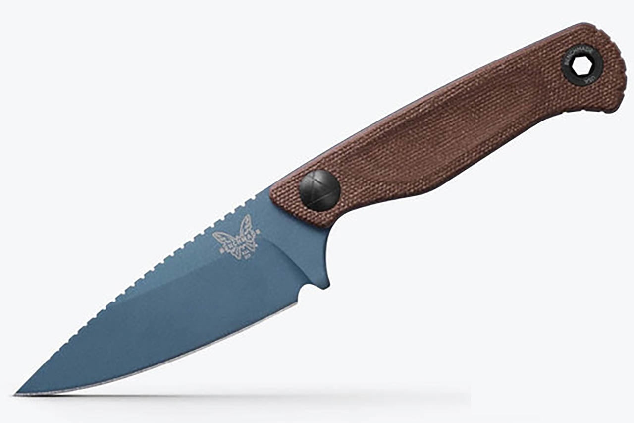 Benchmade Knives: 203BT-03 Dacian Brown Canvas Micarta CPM-MagnaCut Blue Cerakote Leather Sheath - NORTH RIVER OUTDOORS