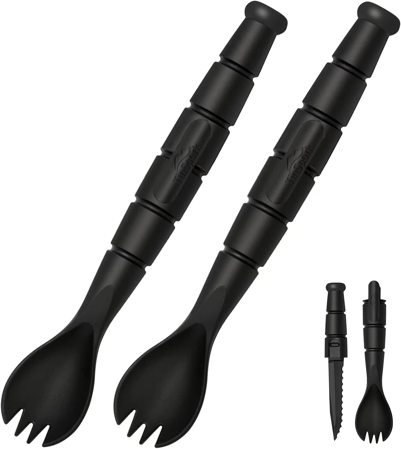 Black folding spork set with additional tools on a white background