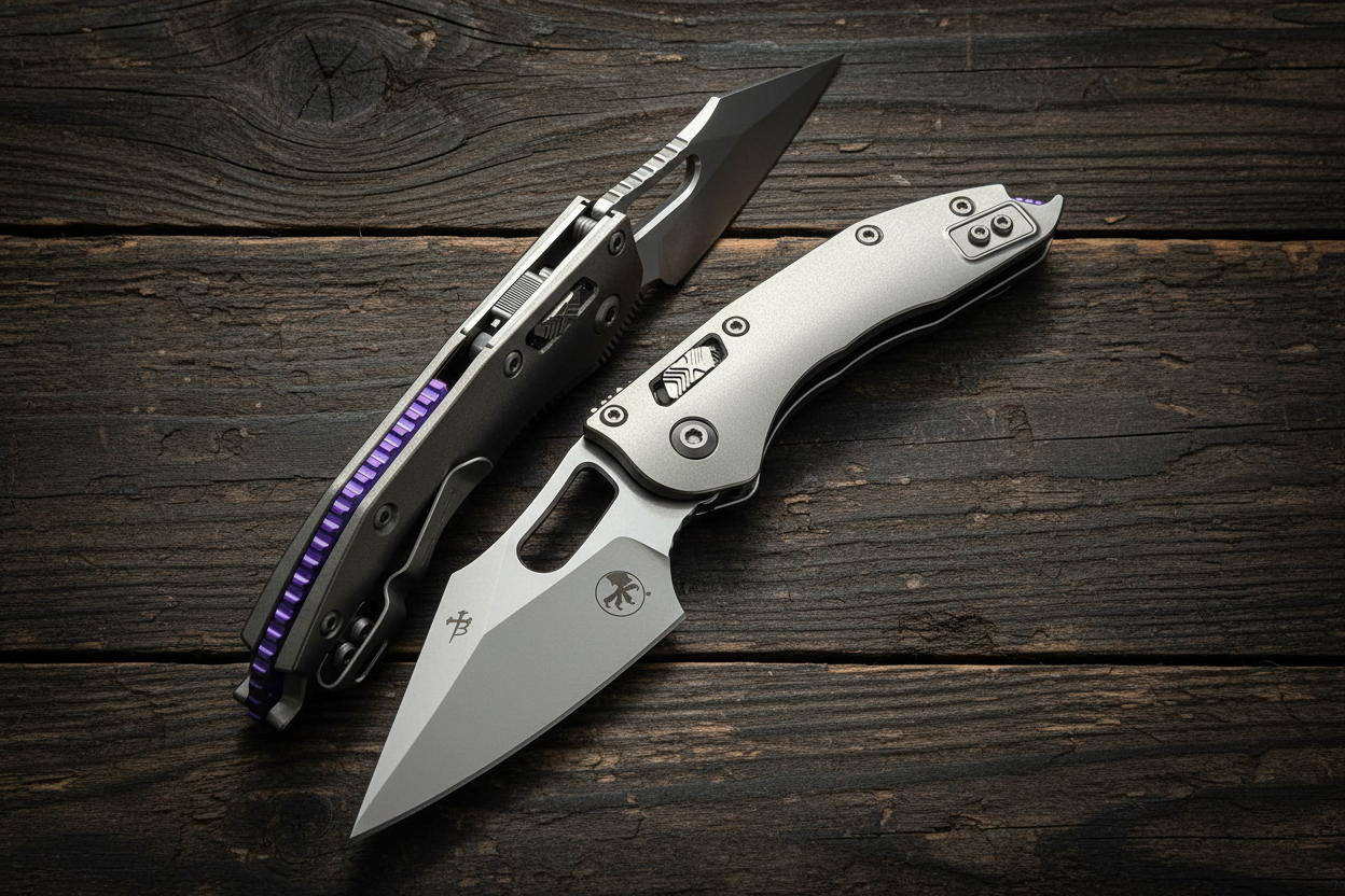 Two folding knives on a wood plank floor background