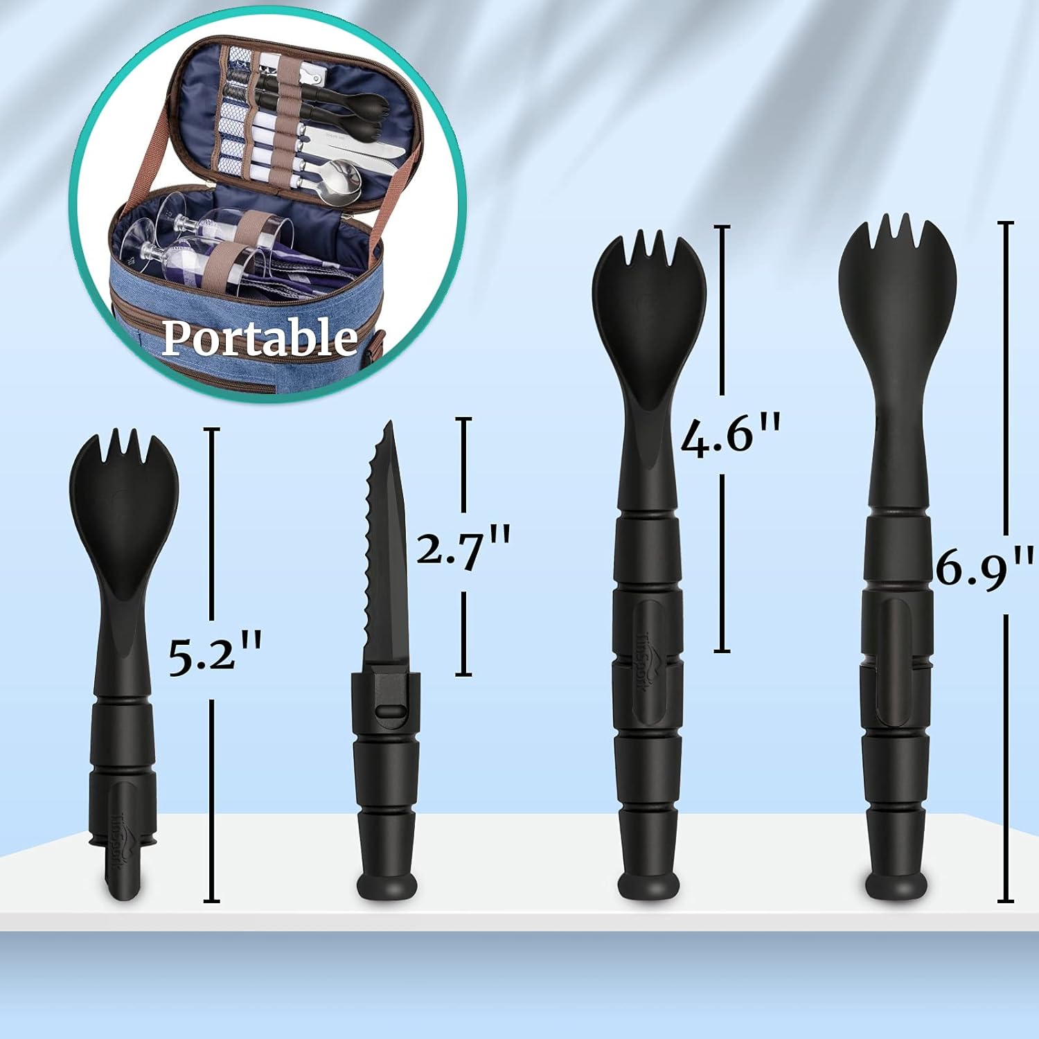 Set of black camping utensils with measurements and a carrying case inset.