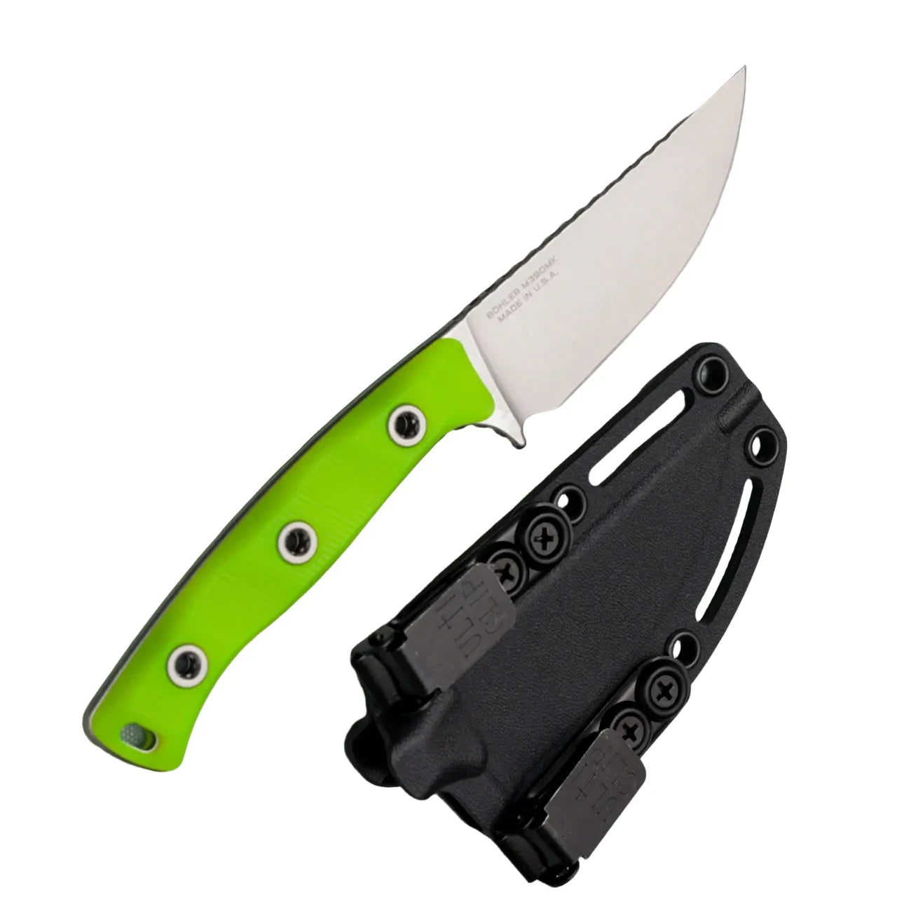 A fixed-blade knife with a bright lime green handle and a silver steel blade, shown next to its black molded sheath on a textured light gray background.