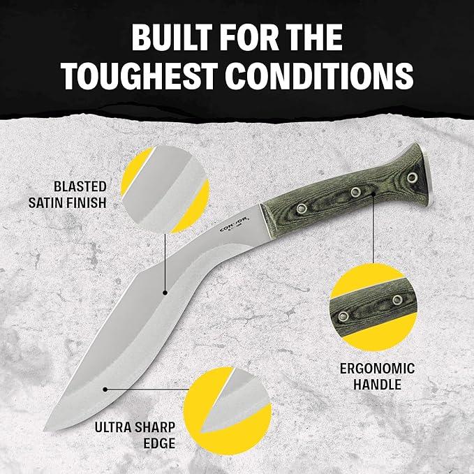 Condor Tools & Knife K-Tact Kukri Knife 10" Carbon Steel Blade w/ Army Green Micarta Handles and Kydex Sheath - NORTH RIVER OUTDOORS