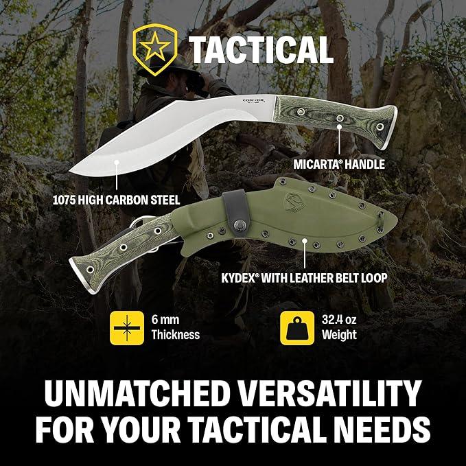 Condor Tools & Knife K-Tact Kukri Knife 10" Carbon Steel Blade w/ Army Green Micarta Handles and Kydex Sheath - NORTH RIVER OUTDOORS