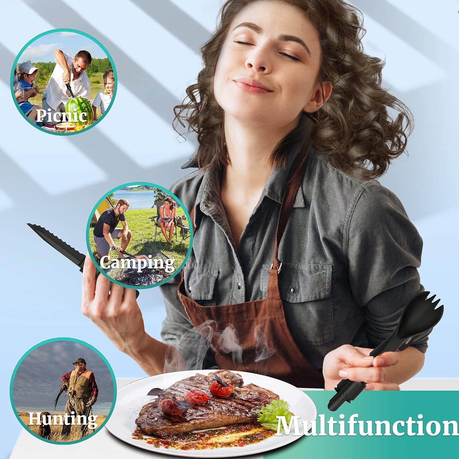 Woman holding a knife and fork over a plate of food with icons for picnic, camping, and hunting.