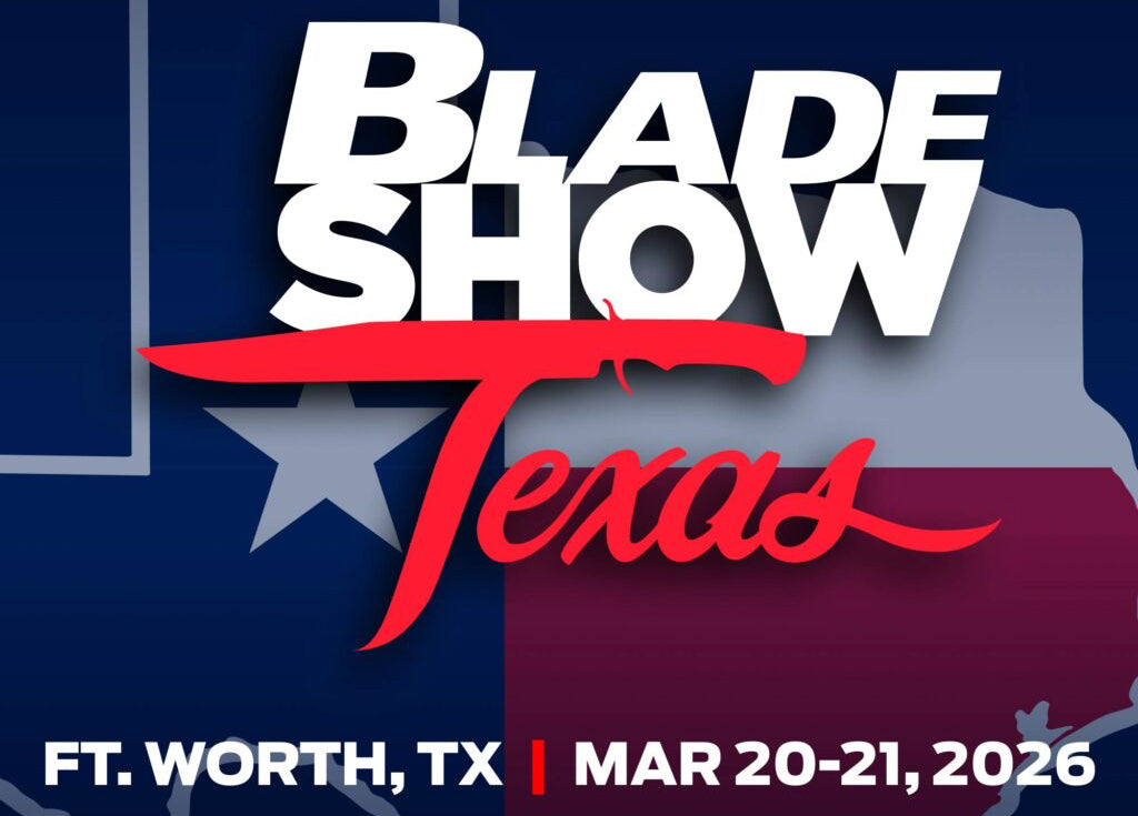 Advertisement for Blade Show Texas with event details on a blue background
