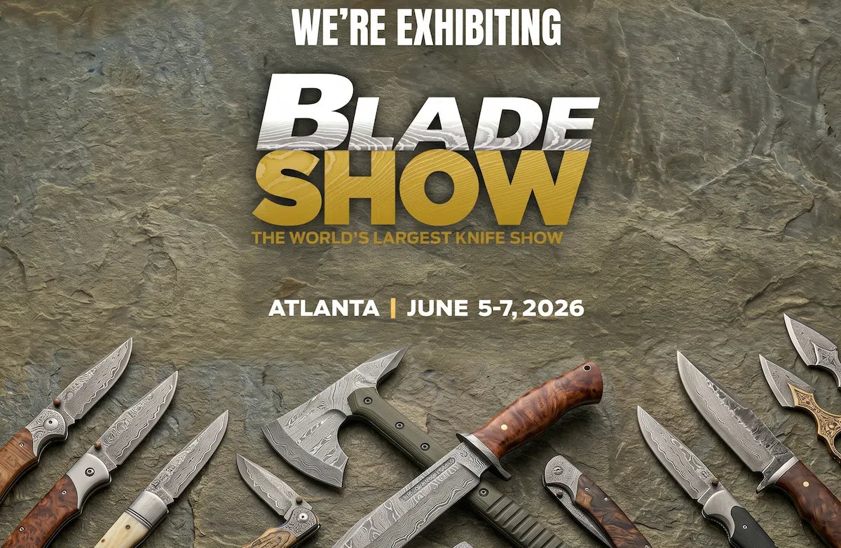 Advertisement for the Blade Show featuring various knives on a stone background.