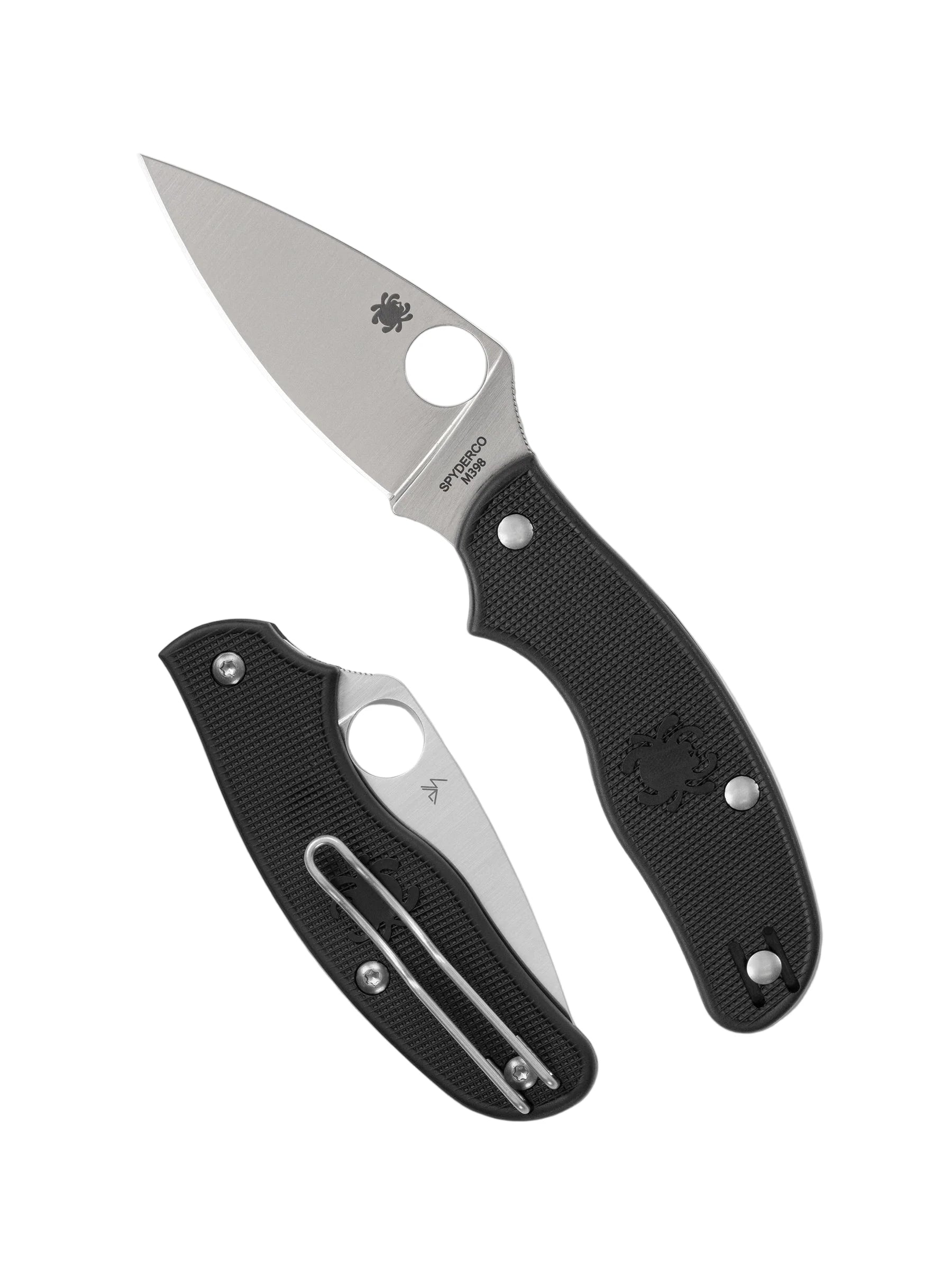 Two folding knives with black handles and silver blades on a white background