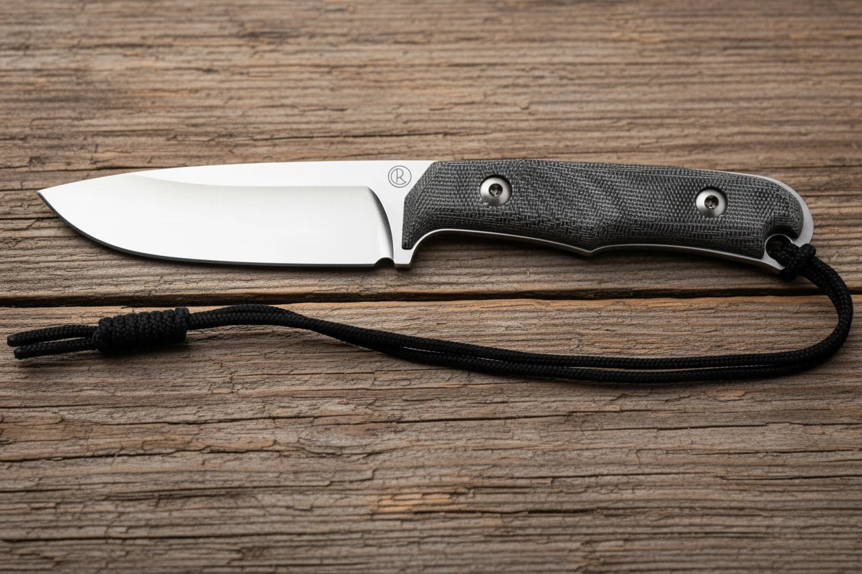 A fixed-blade knife with a silver steel blade and a textured black handle, featuring a black paracord lanyard. The Victorinox logo is visible on the blade.