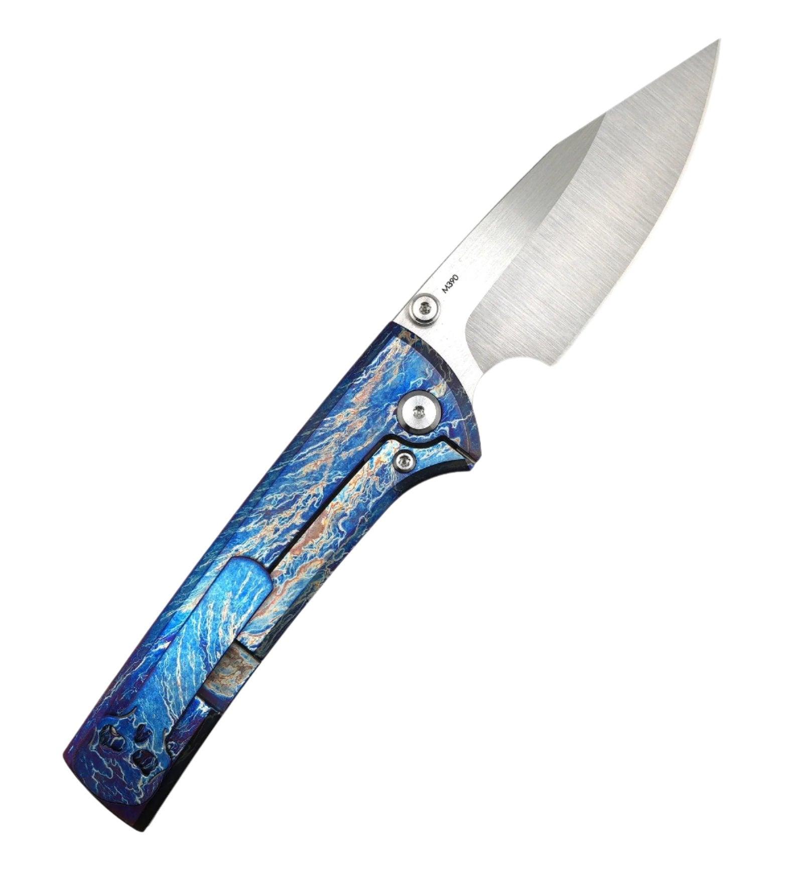 Custom Chaves Scapegoat Street Frame Lock Folding Knife Heat Antropic Ti Handles (3.50" Bohler M390) (Blue Lightning) - NORTH RIVER OUTDOORS