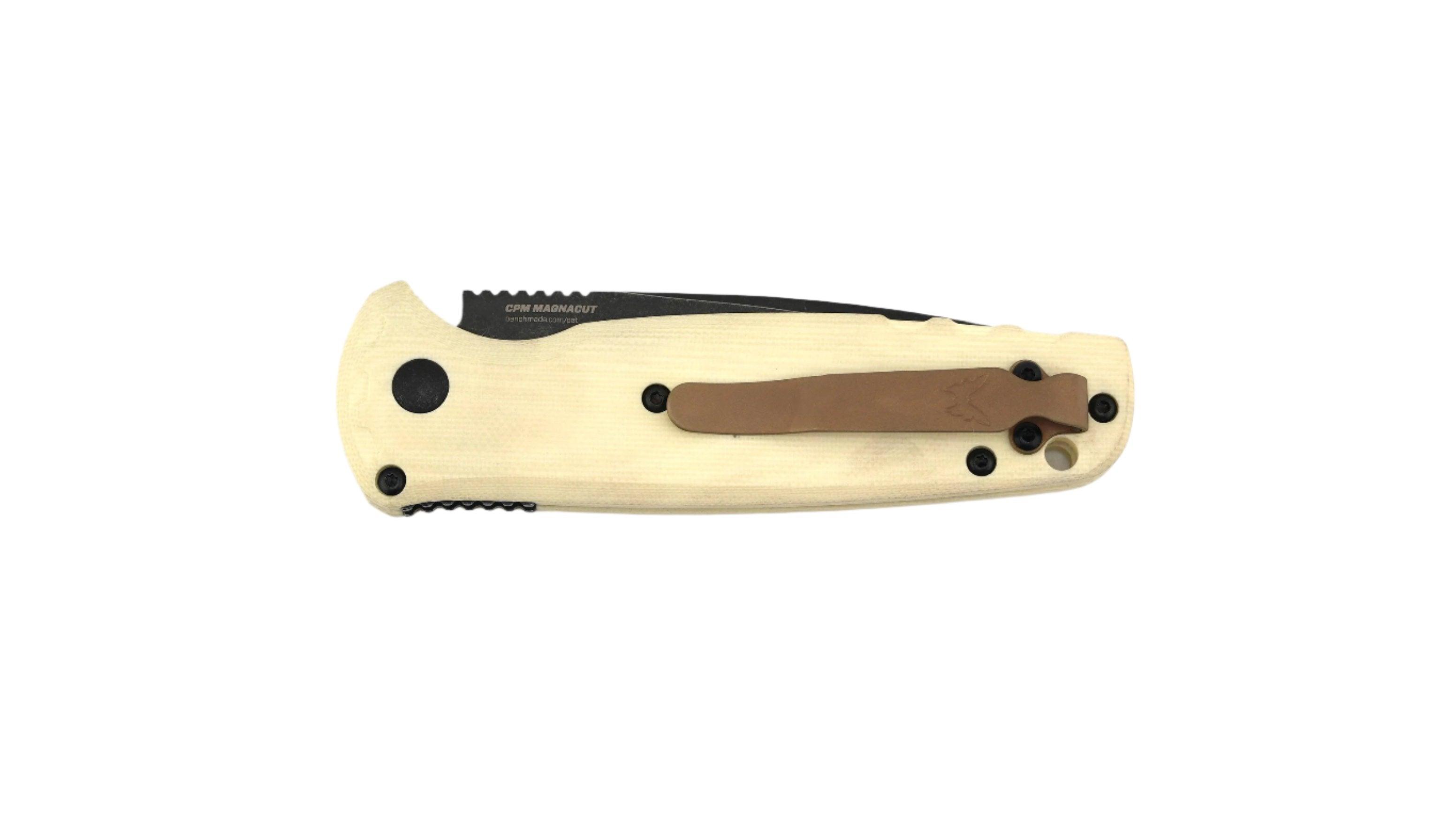 Benchmade 4300BK-03 CLA Auto Knife 3.4" MagnaCut Black DLC Battlewash Plain Blade Ivory G10 Handles - NORTH RIVER OUTDOORS