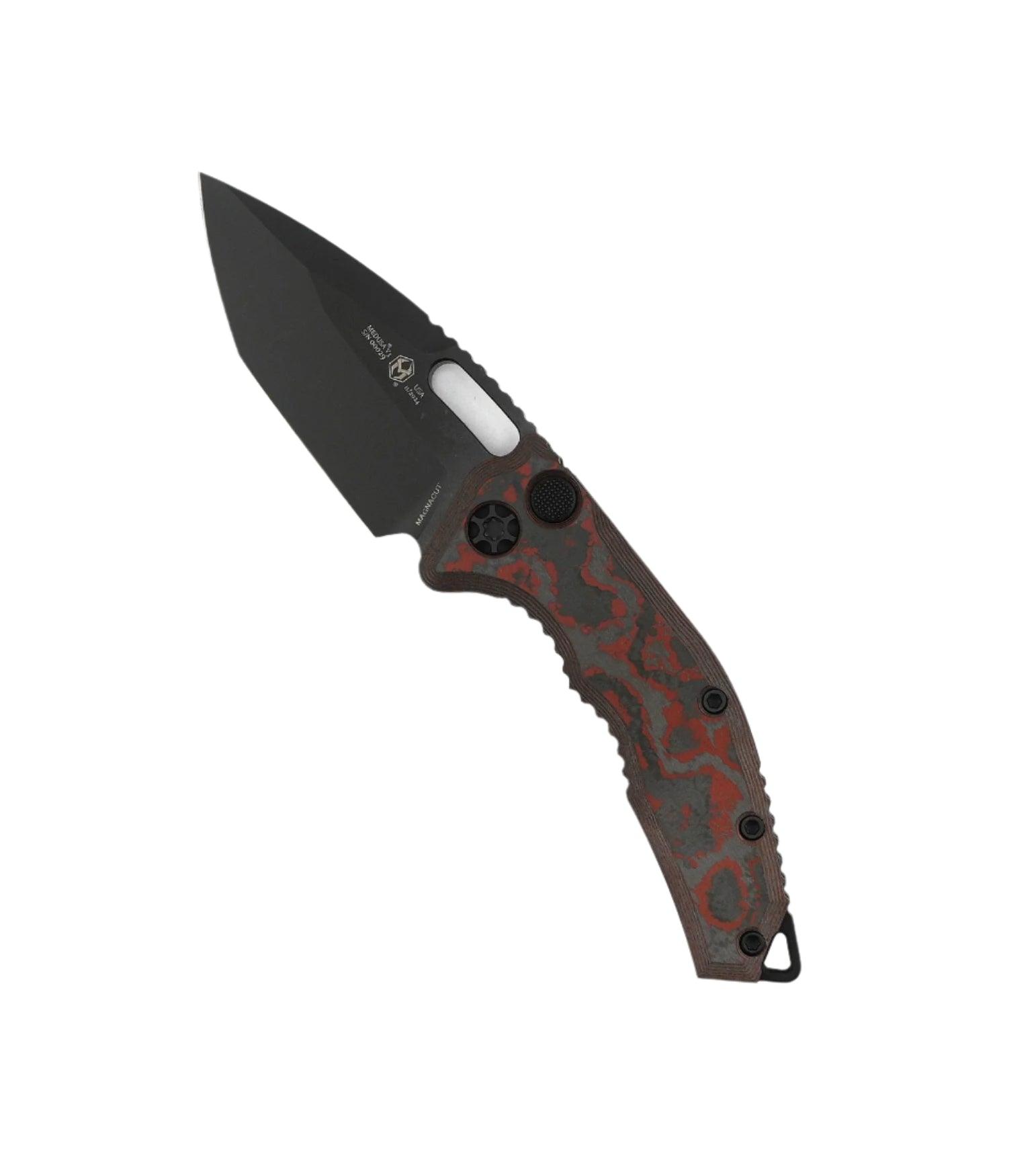 Heretic Knives Medusa Auto Folding Knife CPM-MagnaCut Black DLC Tanto Blade w/ Red Camo Carbon Handles - NORTH RIVER OUTDOORS