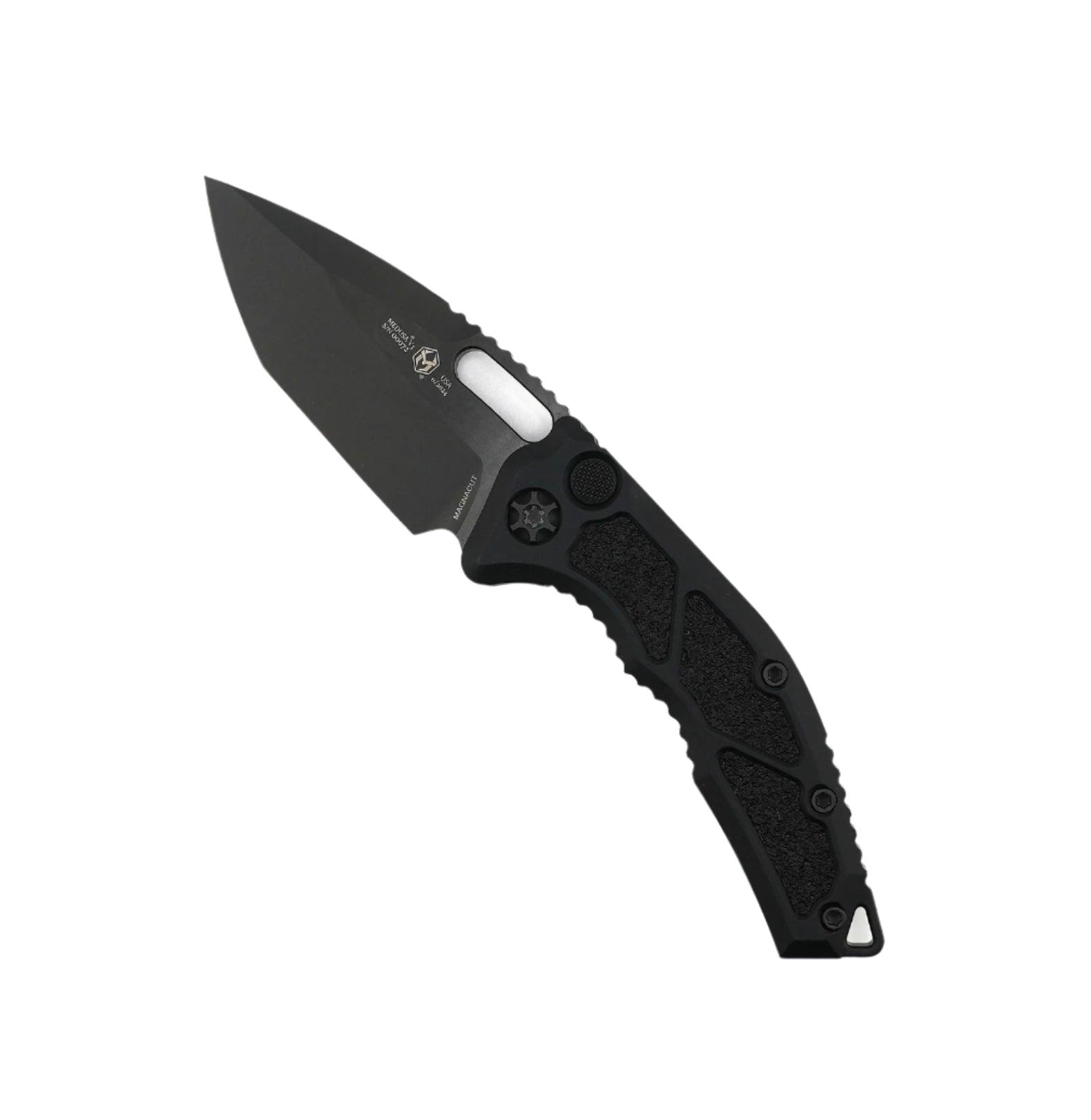 Heretic Knives Medusa Tactical Auto Folding Knife CPM-MagnaCut Black DLC Tanto Blade, Black Aluminum Handles with Black Traction Inlays - NORTH RIVER OUTDOORS