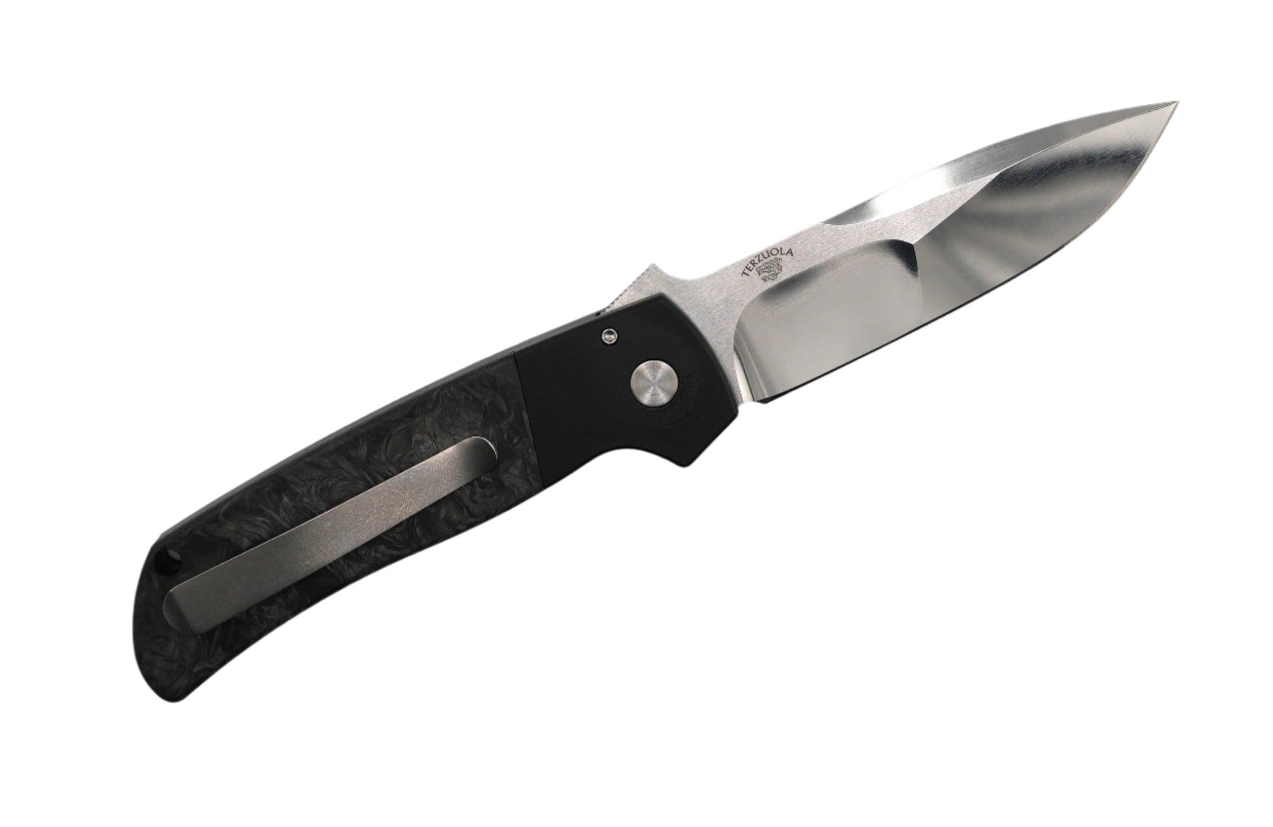 Pro-Tech 2024 Terzuola ATCF Custom 003 Dark Matter Fat Carbon 3.5" Mike Irie Ground Blade w/ Black Lip Pearl Button - NORTH RIVER OUTDOORS