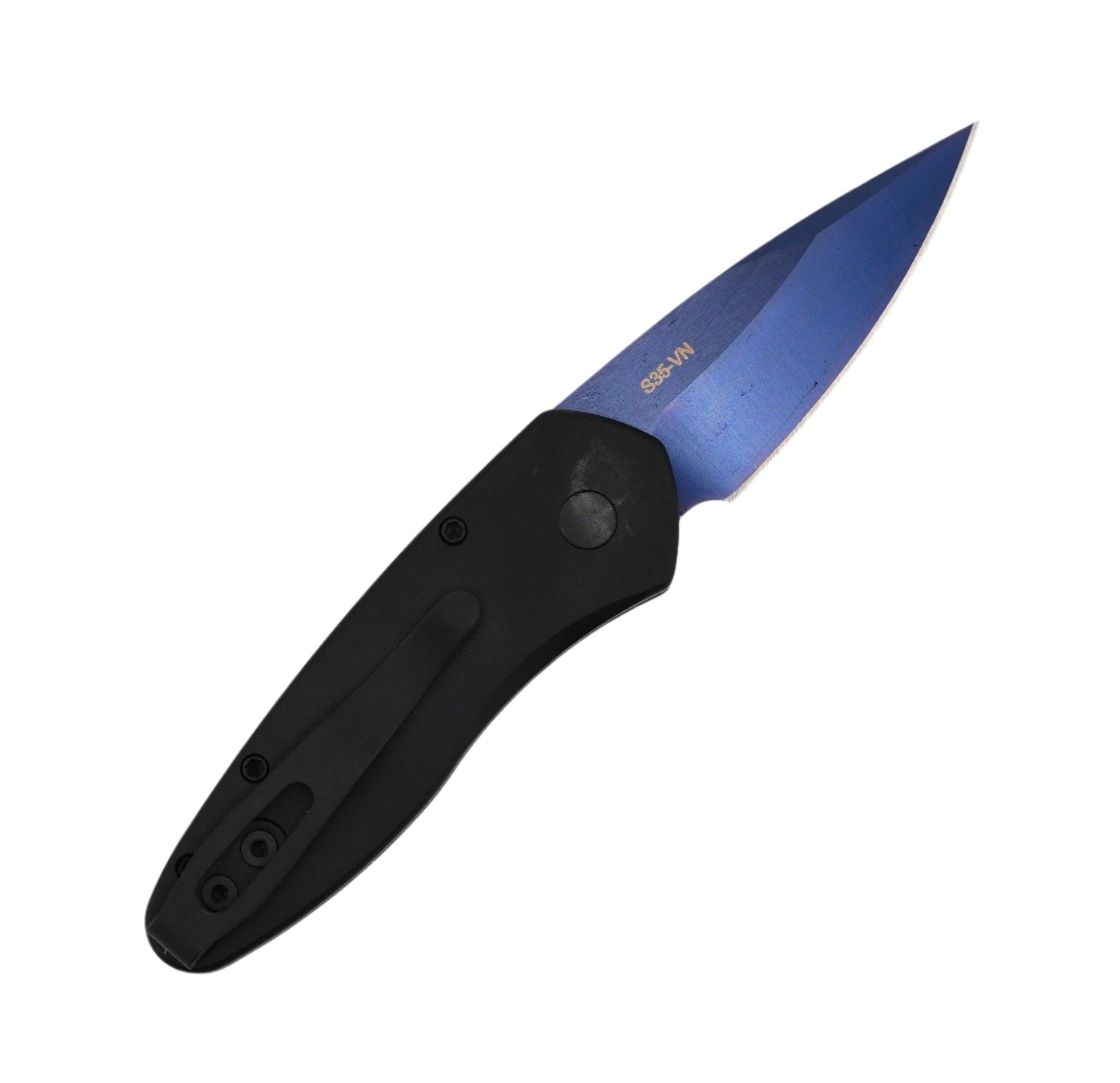 Pro-Tech 2937-SB Sprint AUTO Folding Knife 1.95" CPM-S35VN Sapphire Blue DLC Plain Blade w/ Black Milled Aluminum Handles & Abalone Button - NORTH RIVER OUTDOORS