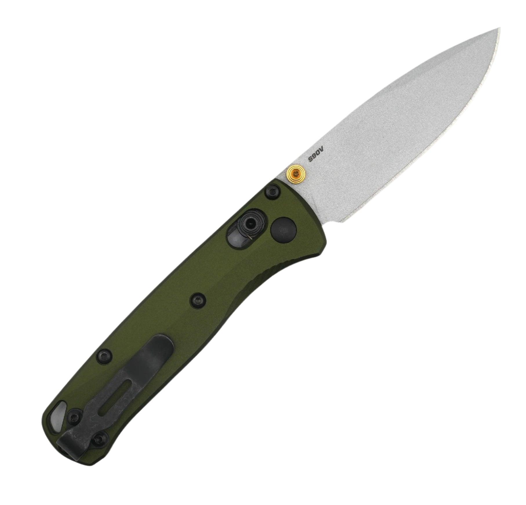 Benchmade 533SL-10 Seasonal Mini Bugout Folding Knife 2.82" S90V Crushed Silver Cerakote Plain Blade w/ Woodland Green Aluminum Handles - NORTH RIVER OUTDOORS