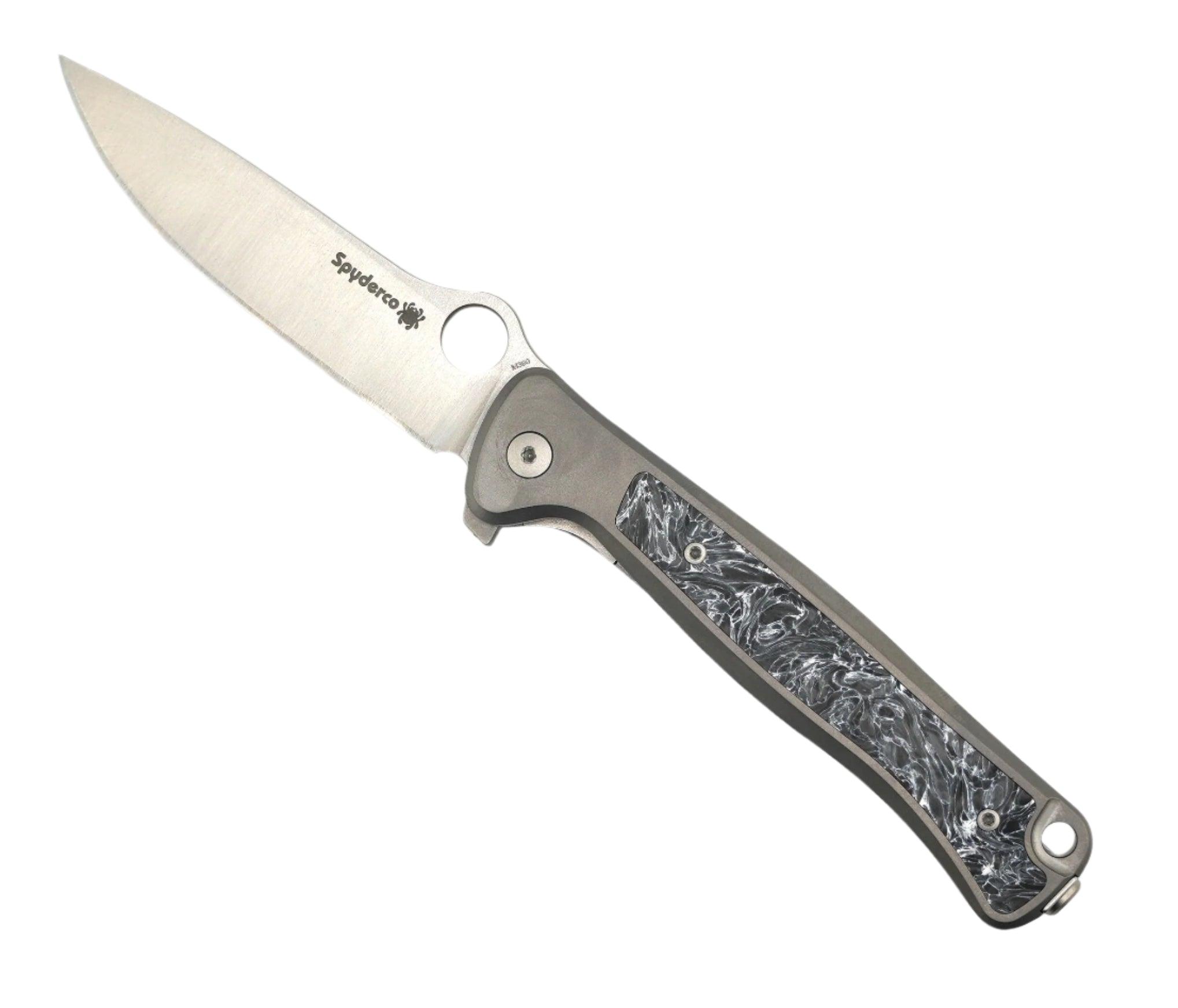 Spyderco/LionSTEEL Michele Pensato Slym Frame Lock Flipper Knife 3.42" M390 Stonewashed Titanium Handles Polar Dark Matter Fat Carbon Inlay - NORTH RIVER OUTDOORS