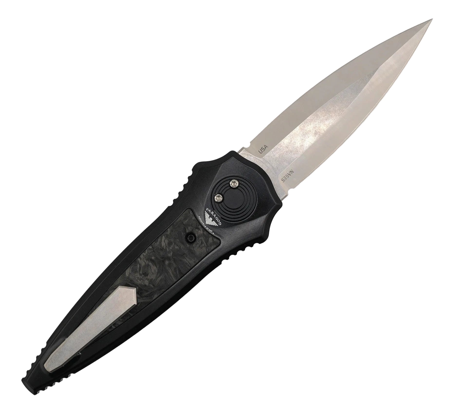 Asheville Steel Warlock Cerakote Black Carbon Fiber Handles Ti Clip Gravity Knife S35VN (USA)