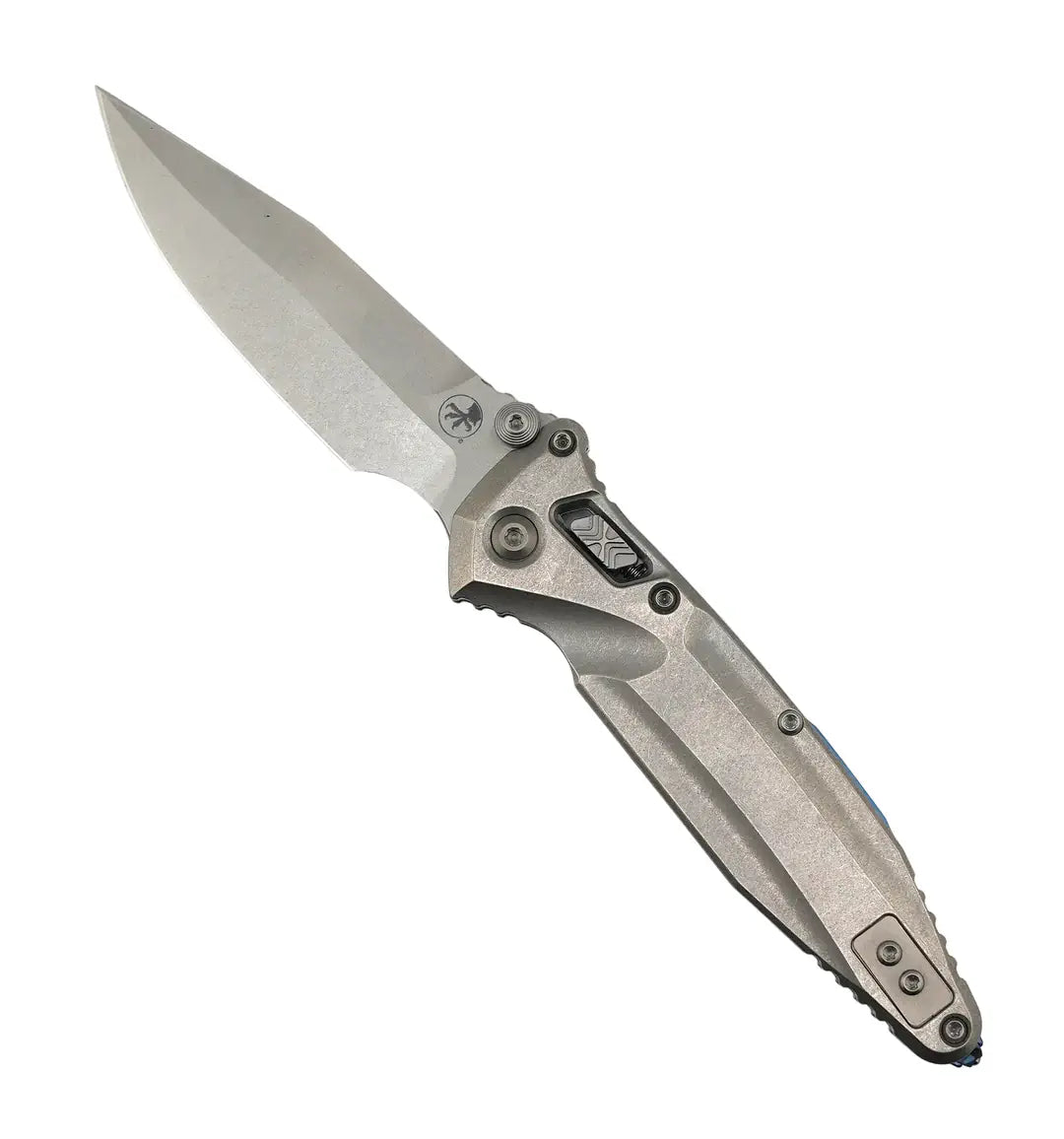 Microtech 159RL-10SMS3 Marfione Select Socom Delta RAM-LOK Folding Knife 4" M390MK Stonewashed Blade Contoured Titanium Handles Blue Ti Accents Reversible Clip