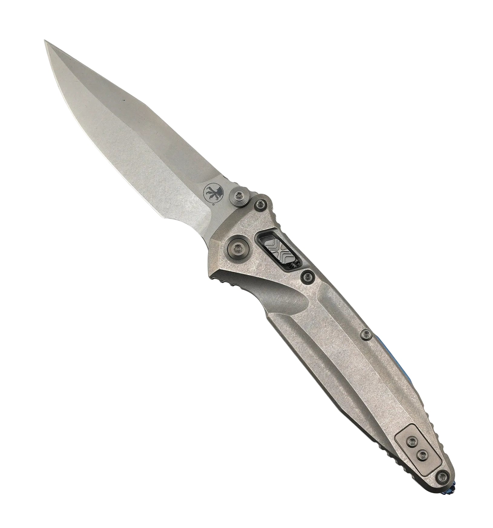 Microtech 159RL-10SMS3 Marfione Select Socom Delta RAM-LOK Folding Knife 4" M390MK Stonewashed Blade Contoured Titanium Handles Blue Ti Accents Reversible Clip
