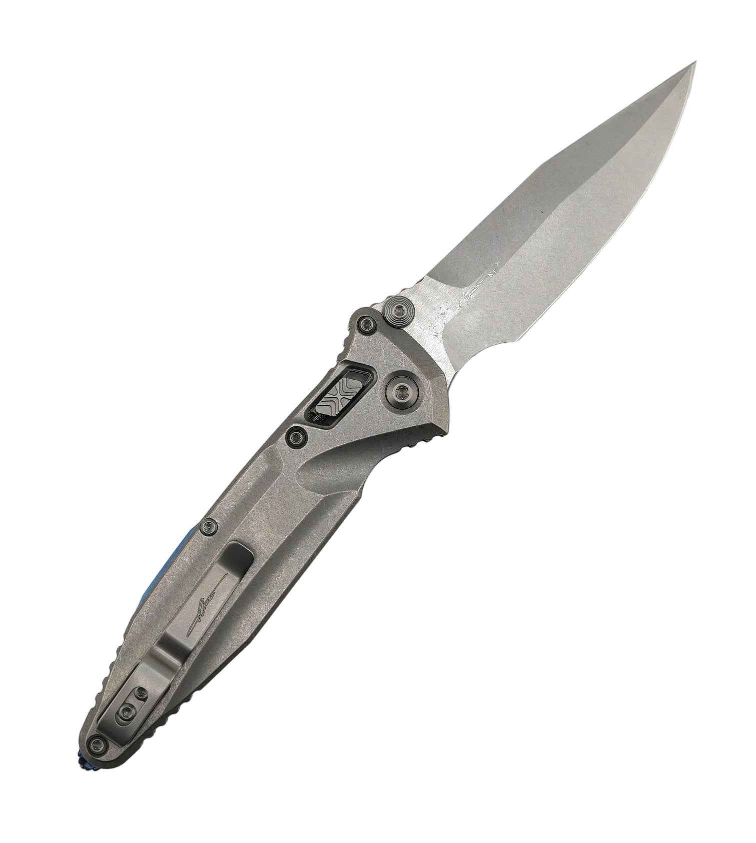 Microtech 159RL-10SMS3 Marfione Select Socom Delta RAM-LOK Folding Knife 4" M390MK Stonewashed Blade Contoured Titanium Handles Blue Ti Accents Reversible Clip