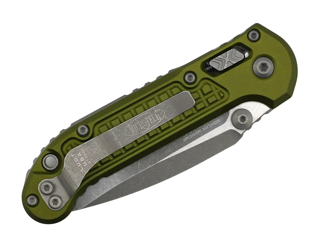 Microtech LUDT RAM-LOK Manual Folding Knife 3.45" M390MK Apocalypse Single Edge OD Green Frag Aluminum Handles