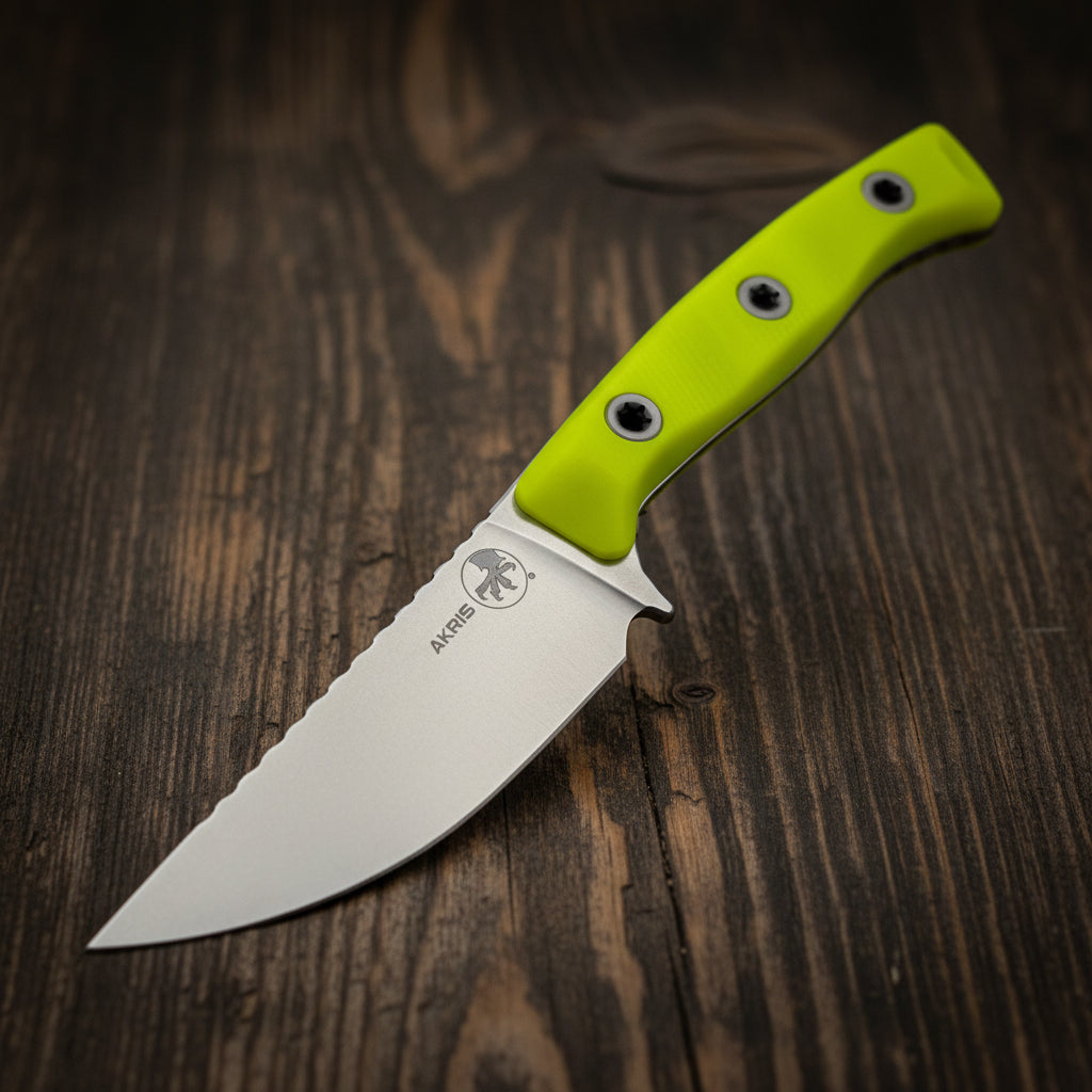 A fixed-blade knife with a silver serrated steel blade and a bright lime green handle, shown diagonally on a plain white background. The brand name 'AKRIS' and logo are visible on the blade.