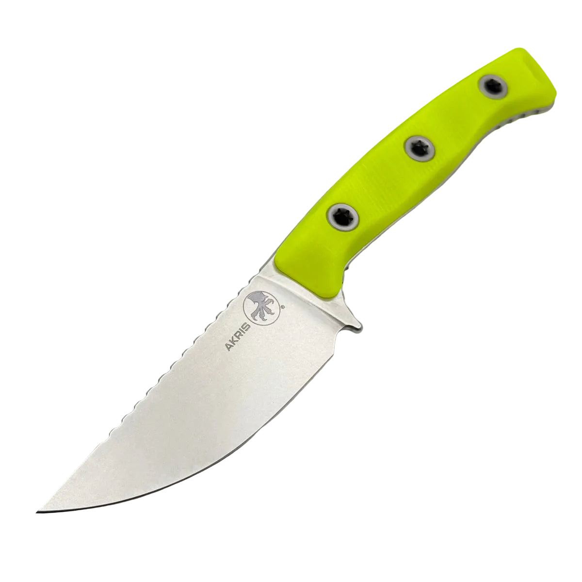 A fixed-blade knife with a bright lime green handle and a silver stainless steel blade, shown diagonally on a light gray background. The brand name 'AKMIR' is visible on the blade.