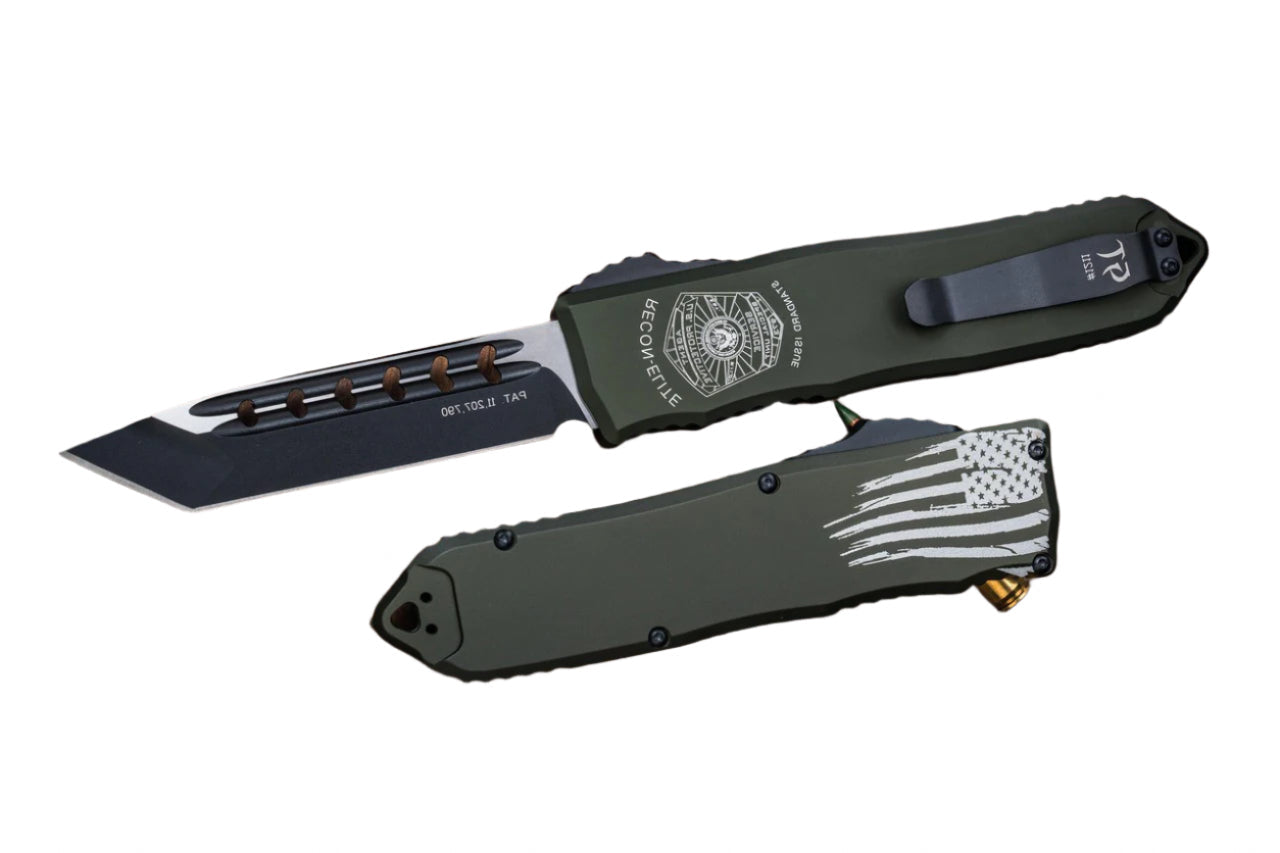 Green folding knife with a black blade on a wooden surface, featuring a visible brand logo.