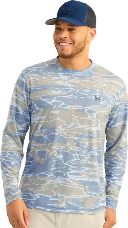 Huk Leeward KC Printed Long Sleeve Crew Men's Tech Shirt (Quiet Harbor) - NORTH RIVER OUTDOORS