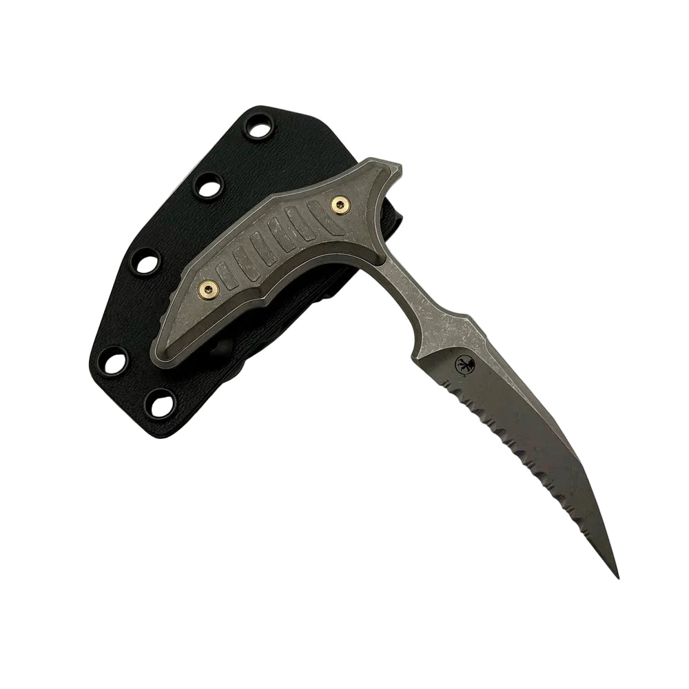 Folding knife with a black blade and metallic handle on a light gray background