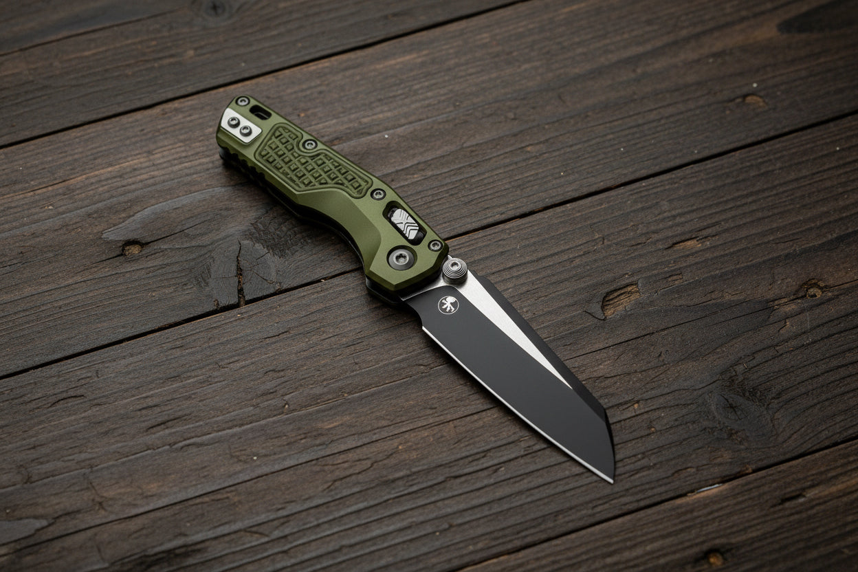 Folding knife with green handle and black blade on a white background