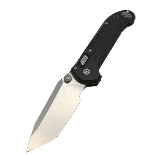 A folding pocket knife with a satin-finished silver blade and a textured black handle, shown open against a plain white background.