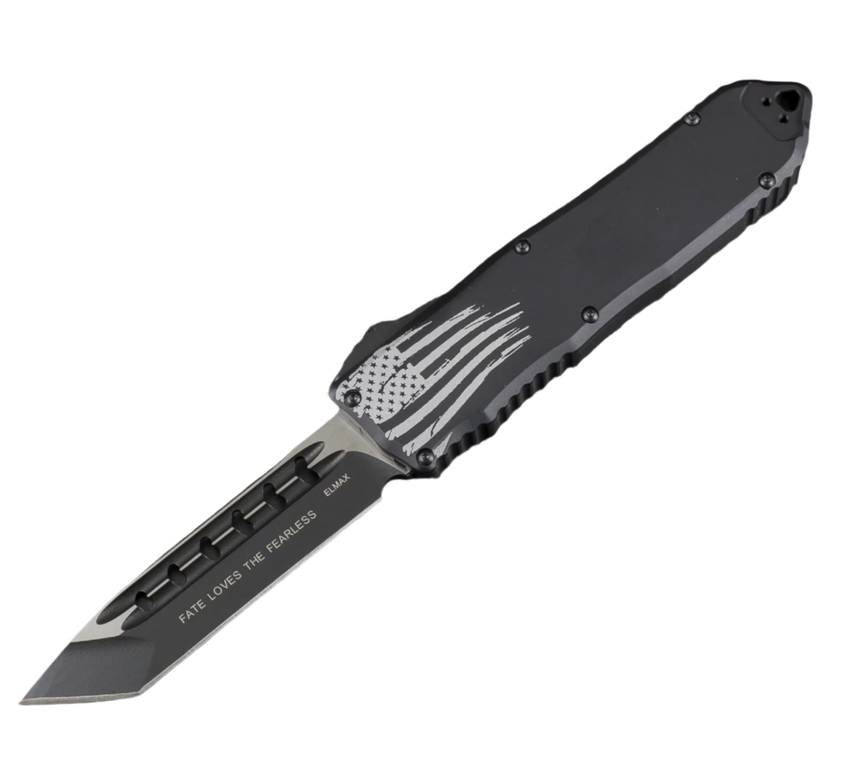 Folding knife with American flag design on a textured gray background