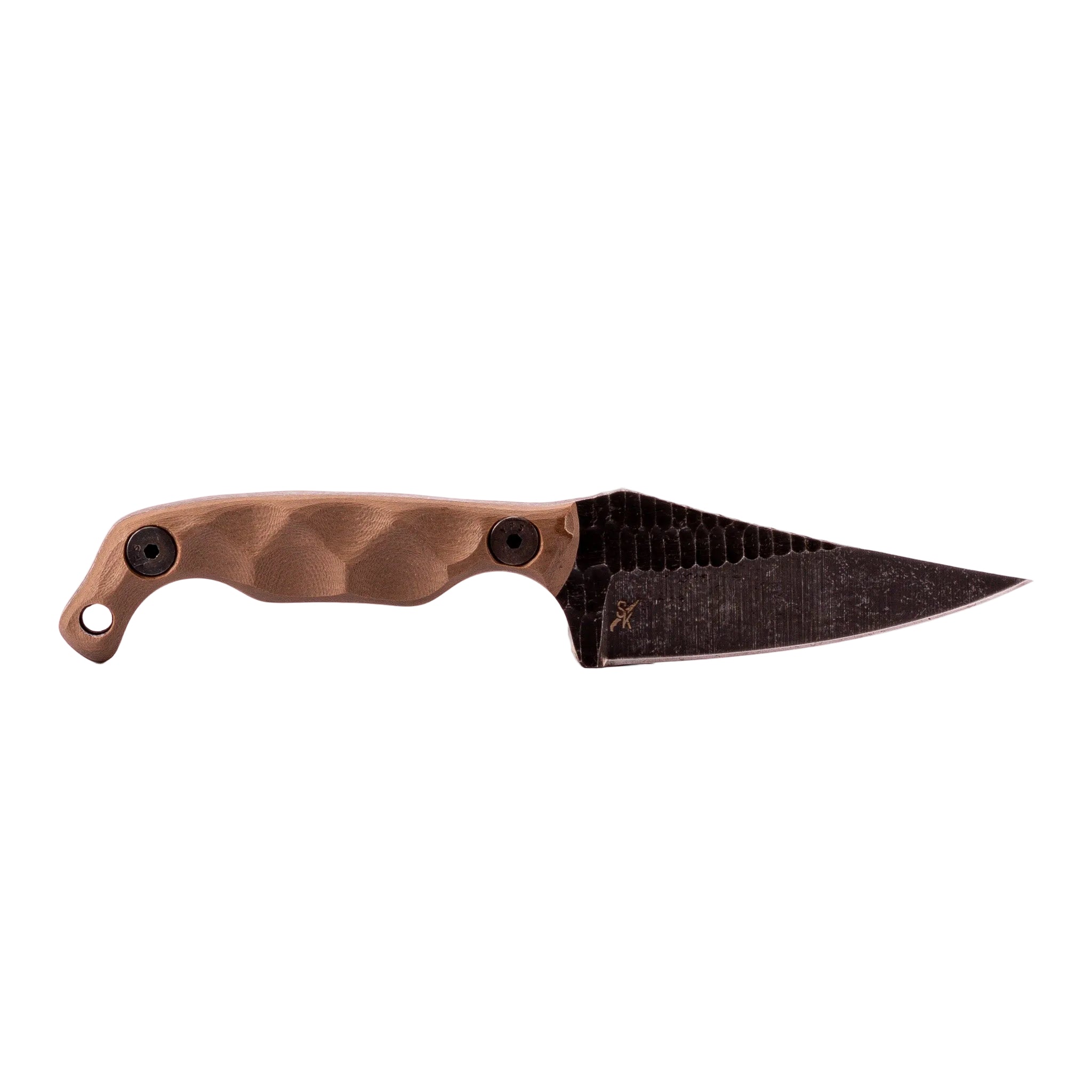 Knife with a brown handle and black blade on a white background