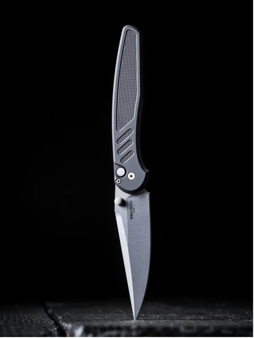 Pro-Tech Avalon Button Lock Knife Knurled Black Alluminum Handles (4.25" Stonewash MagnaCut)