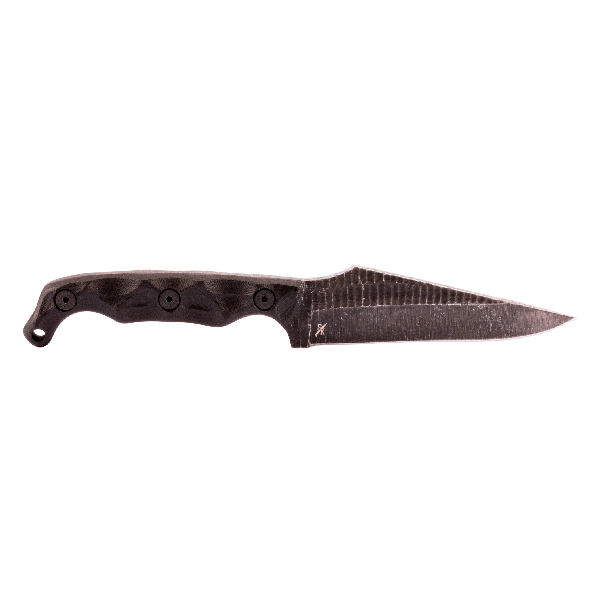 Black knife with a textured handle on a white background