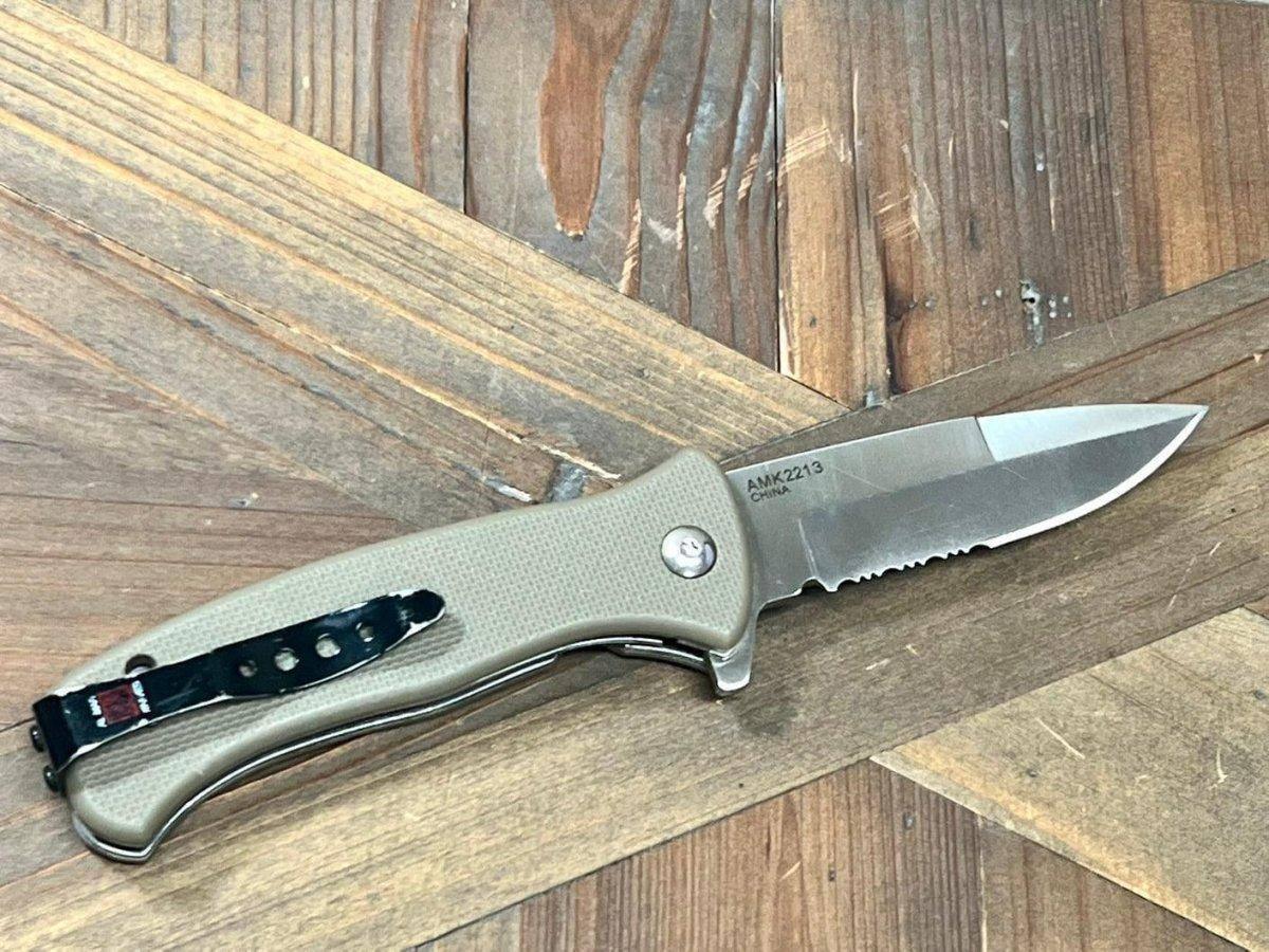 Al Mar Mini SERE 2020 Assisted Flipper Knife 3" 8Cr13MoV Satin Combo Talon Drop Point, Coyote Tan Handles - NORTH RIVER OUTDOORS