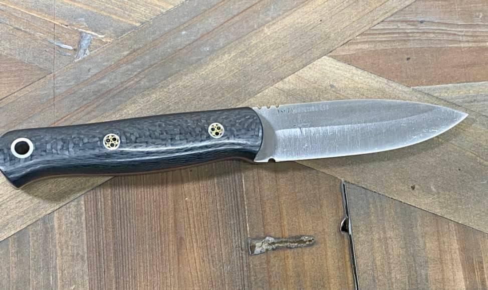 Bark River Bushcraft Scout Knife MagnaCut Carbon Fiber Red Liners Mosaic Pins (USA) - NORTH RIVER OUTDOORS