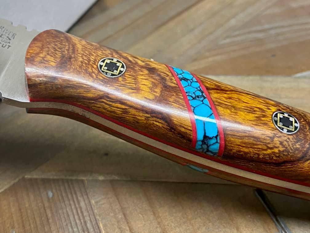 Bark River Bushcraft Scout Knife MagnaCut Desert Ironwood Burl Turquoise Spacer Mosaic Pins (USA) - NORTH RIVER OUTDOORS