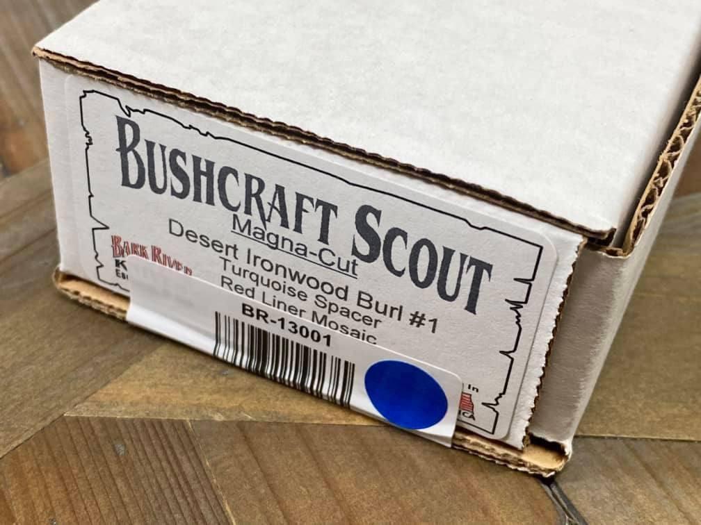 Bark River Bushcraft Scout Knife MagnaCut Desert Ironwood Burl Turquoise Spacer Mosaic Pins (USA) - NORTH RIVER OUTDOORS