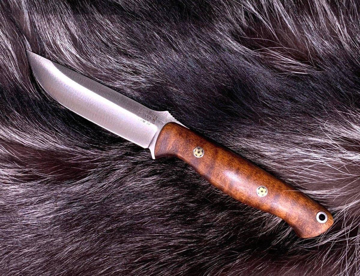 Bark River Gunny CPM 3V Dark Curly Maple, Red Liners, Mosaic Pins - NORTH RIVER OUTDOORS