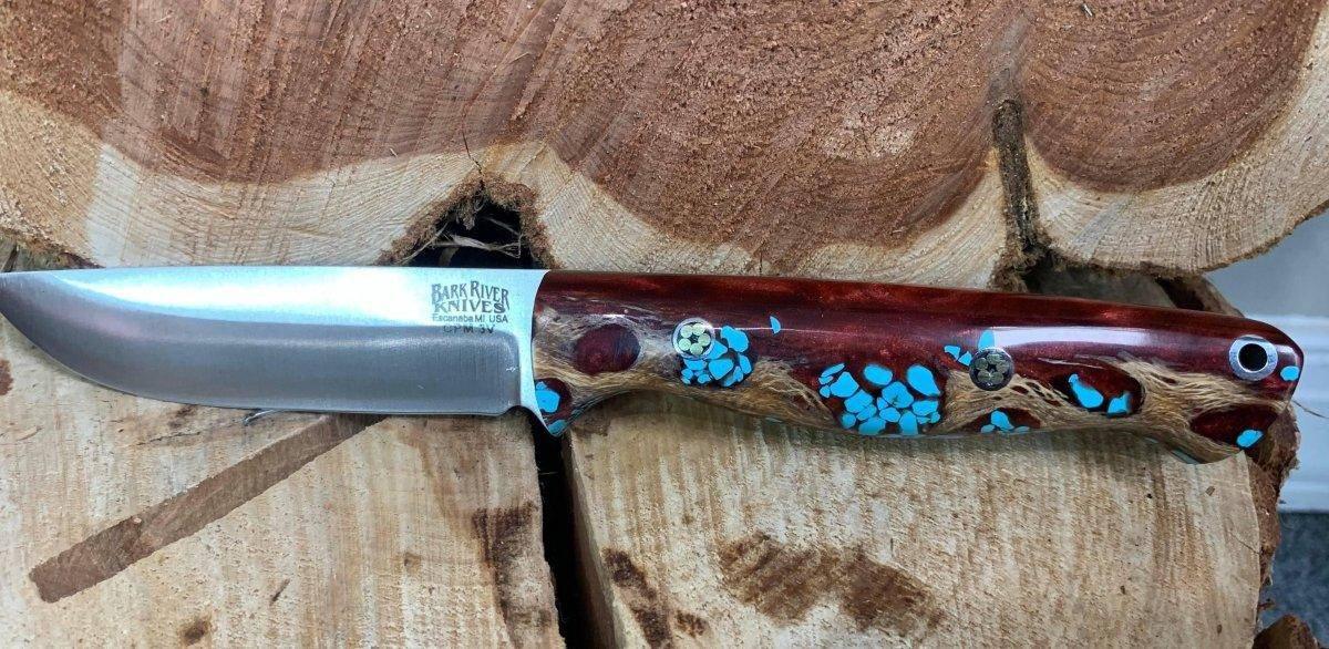 Bark River Gunny CPM 3V Knife - Red Cholla Cactus with Turquoise - Gray Liners - Rampless - NORTH RIVER OUTDOORS