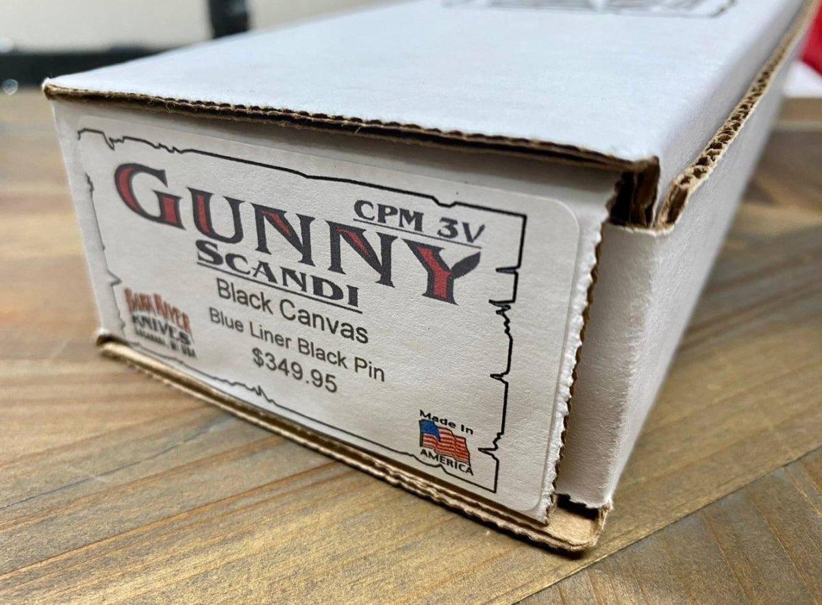 Bark River Gunny Scandi CPM 3V Black Micarta, Blue Liners, Black Pins - NORTH RIVER OUTDOORS