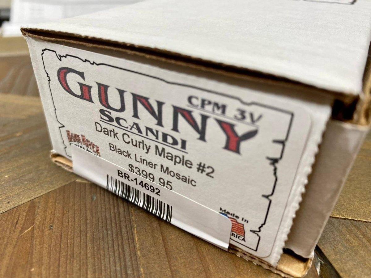 Bark River Gunny Scandi CPM 3V Dark Curly Maple, Black Liners, Mosaic Pins - NORTH RIVER OUTDOORS