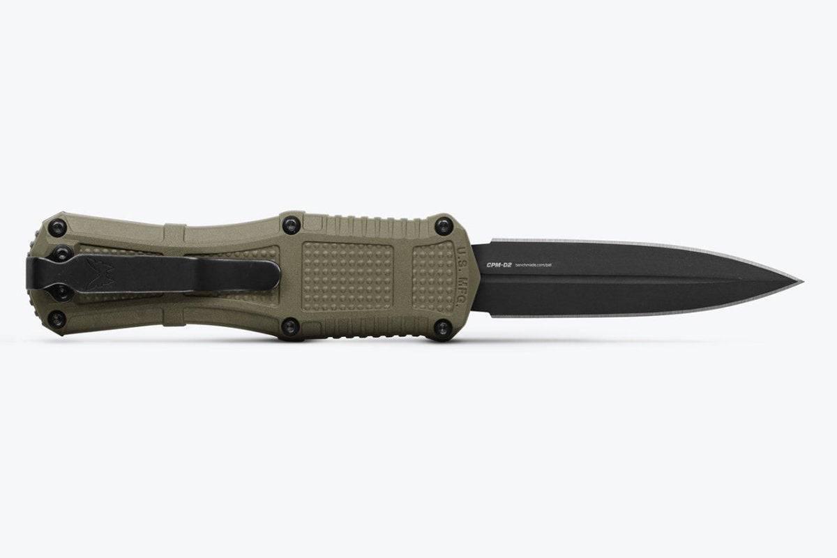 Benchmade 3375GY-1 Mini Claymore OTF Auto Knife 3.02" CPM-D2 Smoke Gray PVD Double Edge Ranger Green Grivory Handles - NORTH RIVER OUTDOORS