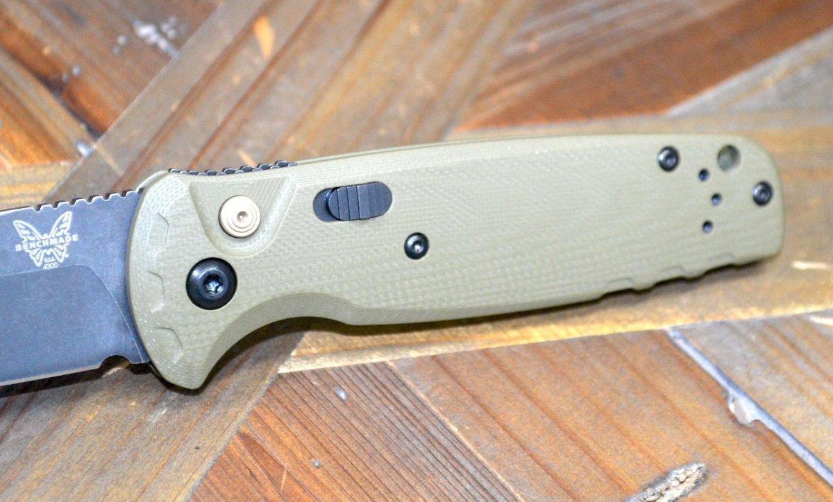 Benchmade 4300BK-02 CLA Auto Knife 3.4" MagnaCut Black DLC Battlewash Plain Blade OD Green G10 - NORTH RIVER OUTDOORS