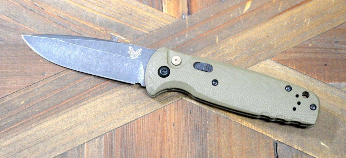 Benchmade 4300BK-02 CLA Auto Knife 3.4" MagnaCut Black DLC Battlewash Plain Blade OD Green G10 - NORTH RIVER OUTDOORS